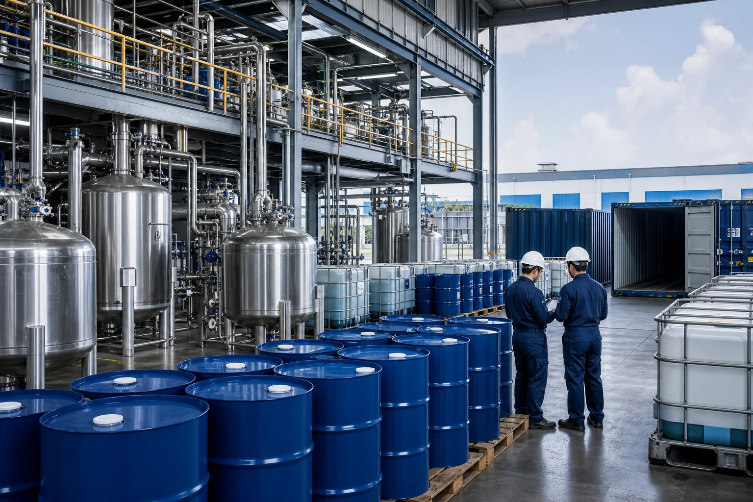 Specialty chemical manufacturing facility with export-ready industrial supply containers